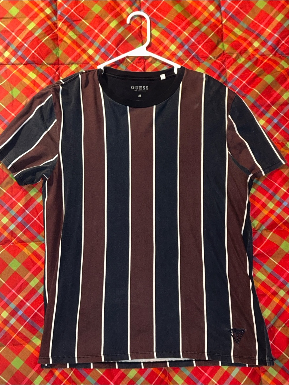 GUESS Men’s Vertical Stripe Crewneck T-Shirt - Burgundy & Navy